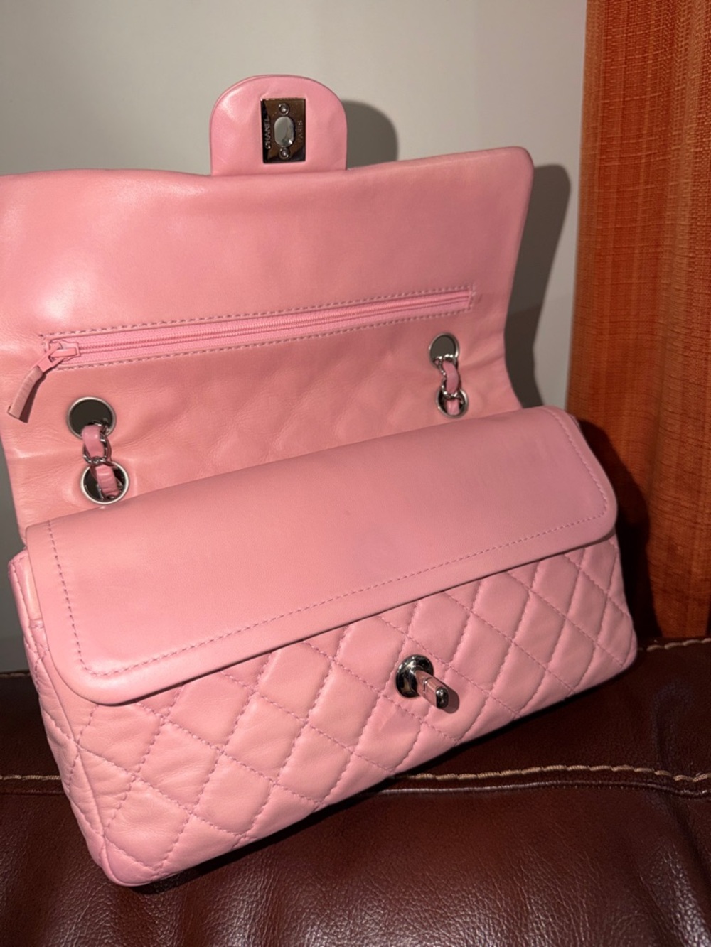 ‼️Authentic Chanel Pink Lambskin Leather Medium Classic Flap Shoulder Bag - Picture 9 of 16